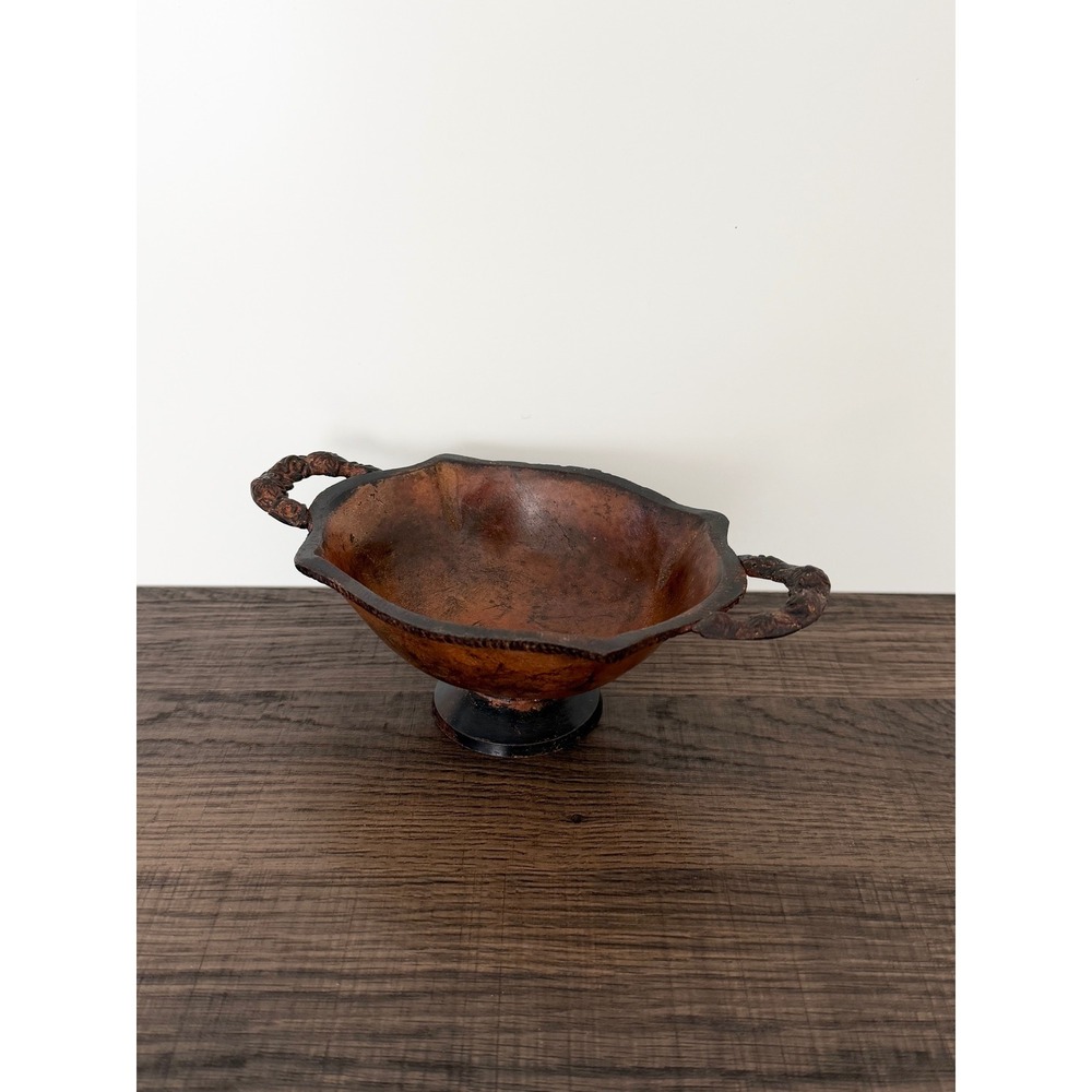 Vintage Metal Rustic Farmhouse Distressed Rose Handle Detailing Footed Bowl Dish